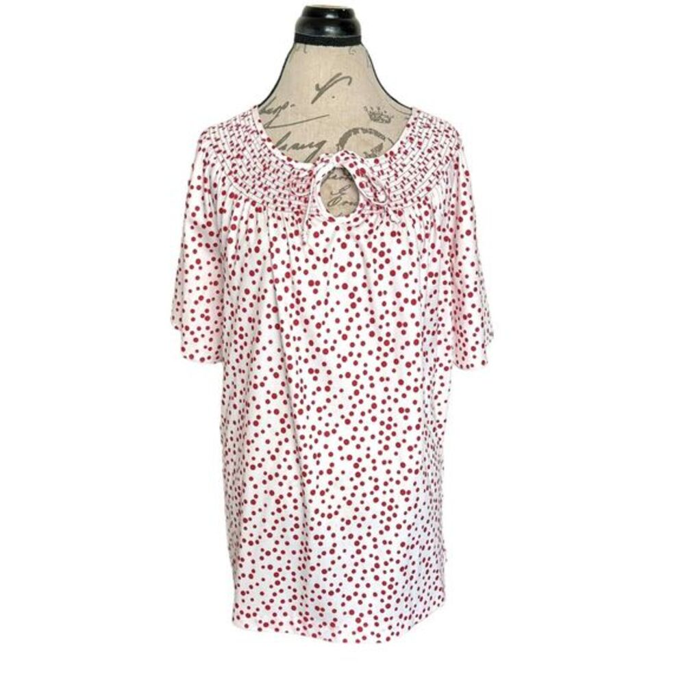 Roaman's Womens Blouse Plus Size 2X Polka Dots Short Sleeve Smocked Keyhole Tied